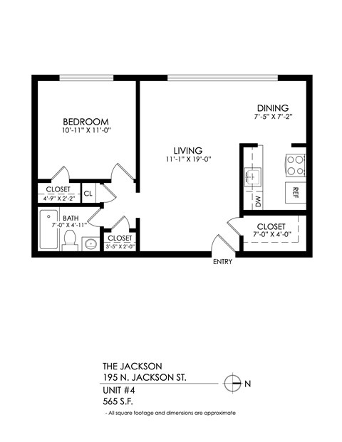 Floor plan for 1 bed, 1 bath, 565 sqft